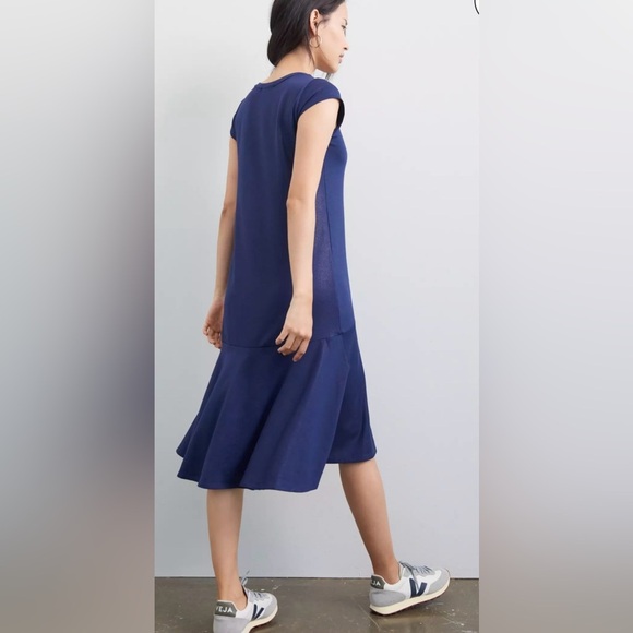 Maeve Anthropologie Ismene Navy Blue Metallic Cap Sleeve Drop Waist Midi Dress S - Picture 2 of 9